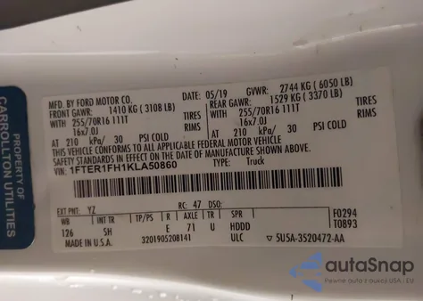 2019 Ford Ranger Xl from USA, damaged, VIN 1FTER1FH1KLA50860